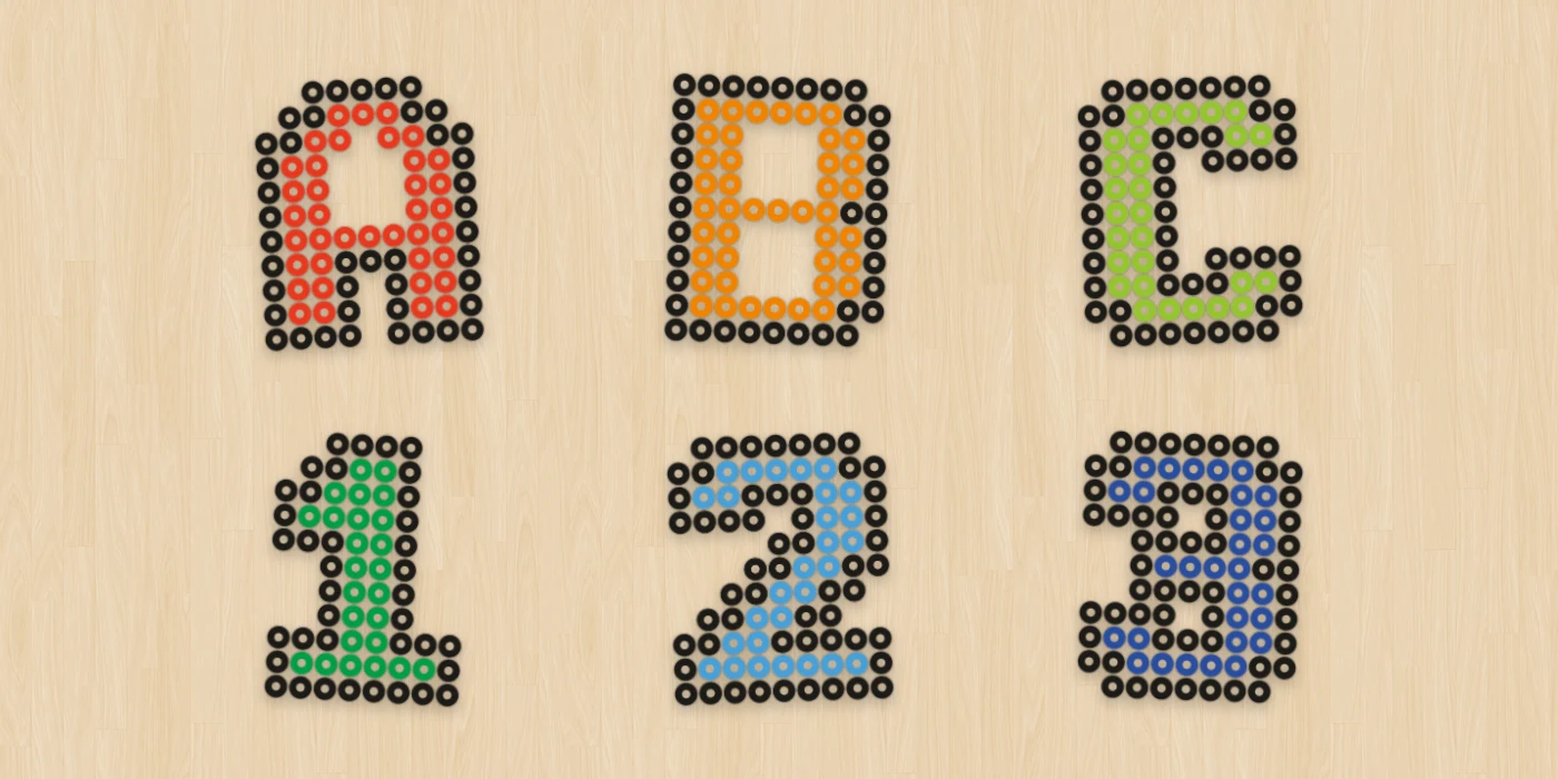 アイロンビーズのアルファベット（A、B、C）と数字（1、2、3）を並べたイメージ
