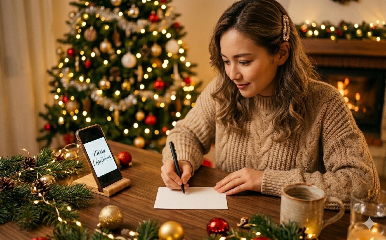 筆記体でクリスマスカードを書くイメージ