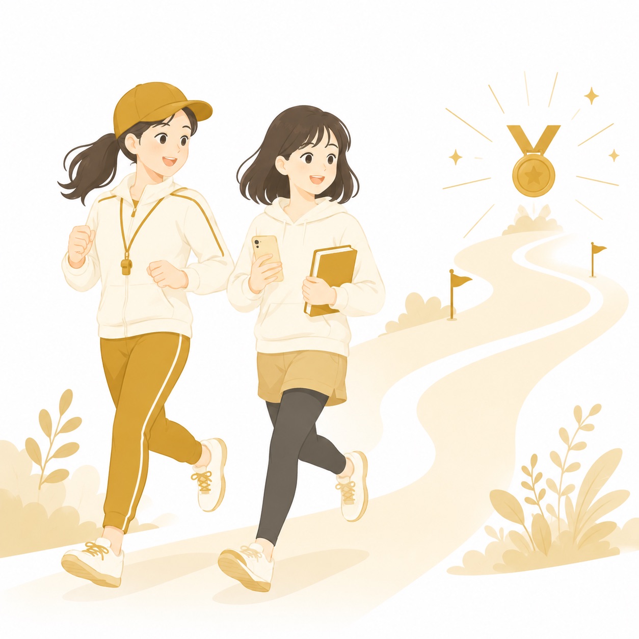 コーチと並走しながらメダルを目指して韓国語学習を続ける学習者のイラスト