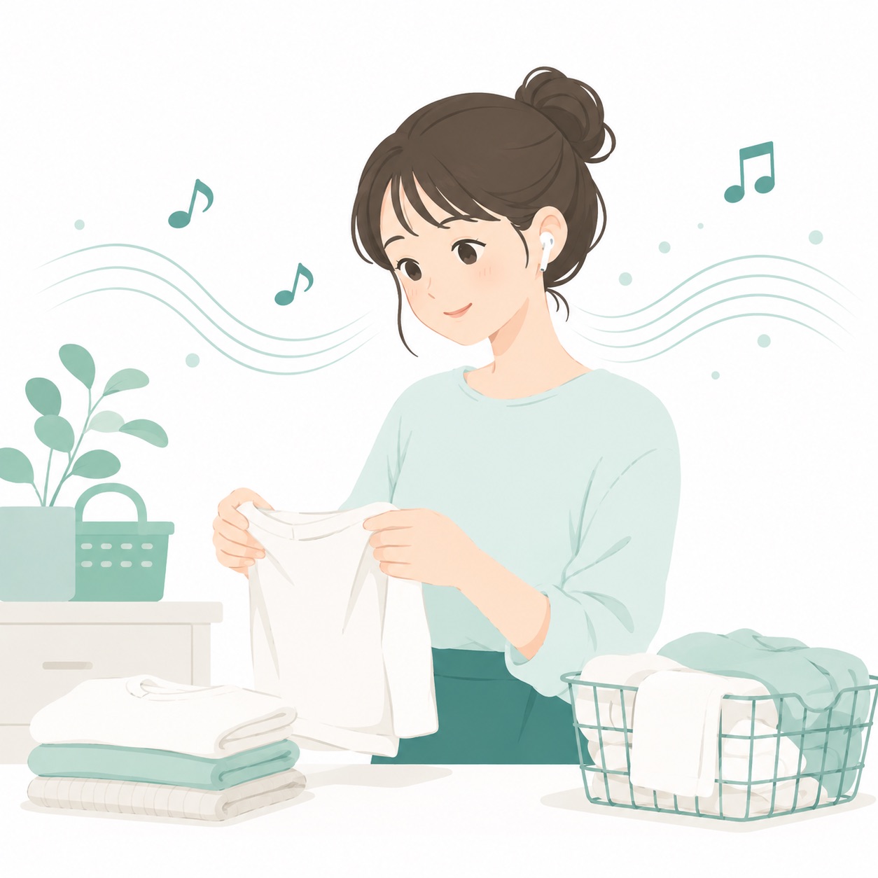 イヤホンで韓国語を聞き流しながら洗濯物をたたんでいる女性のイラスト