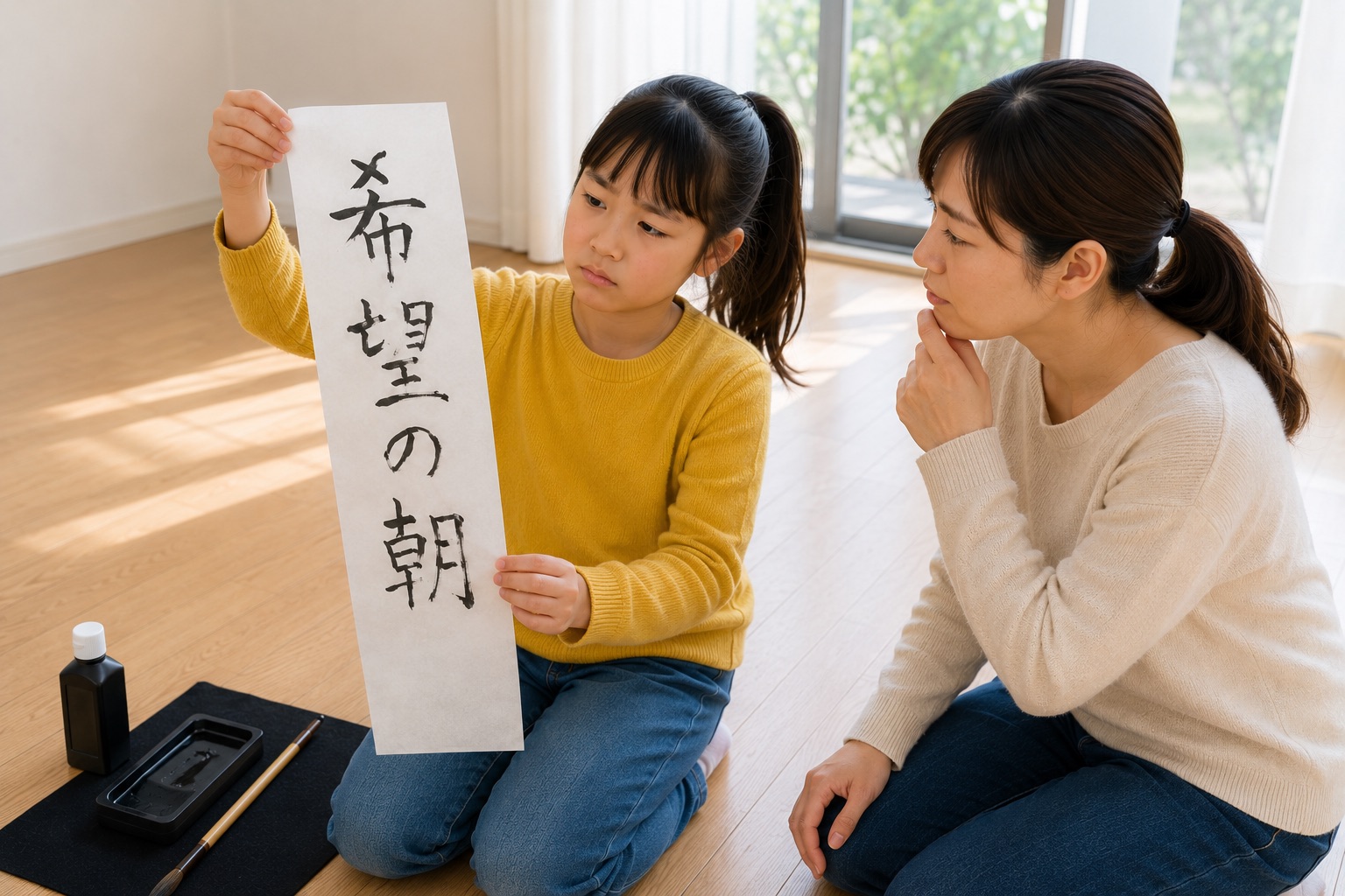 書き初めに悩む子どものイメージ