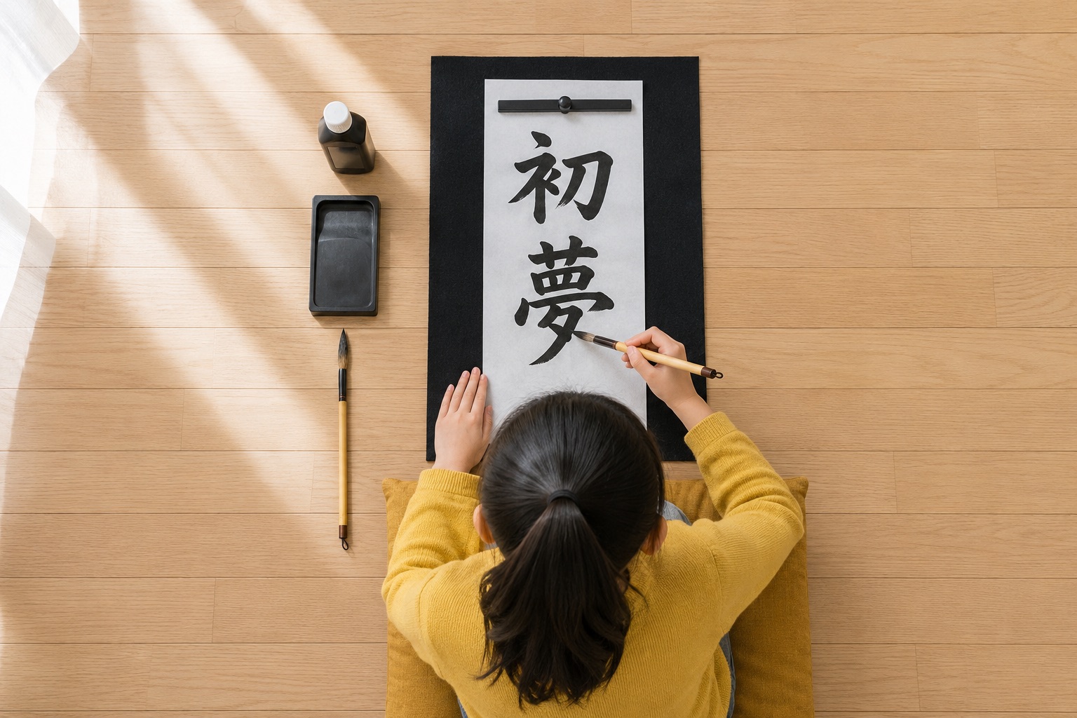 書き初めの半紙と筆のイメージ