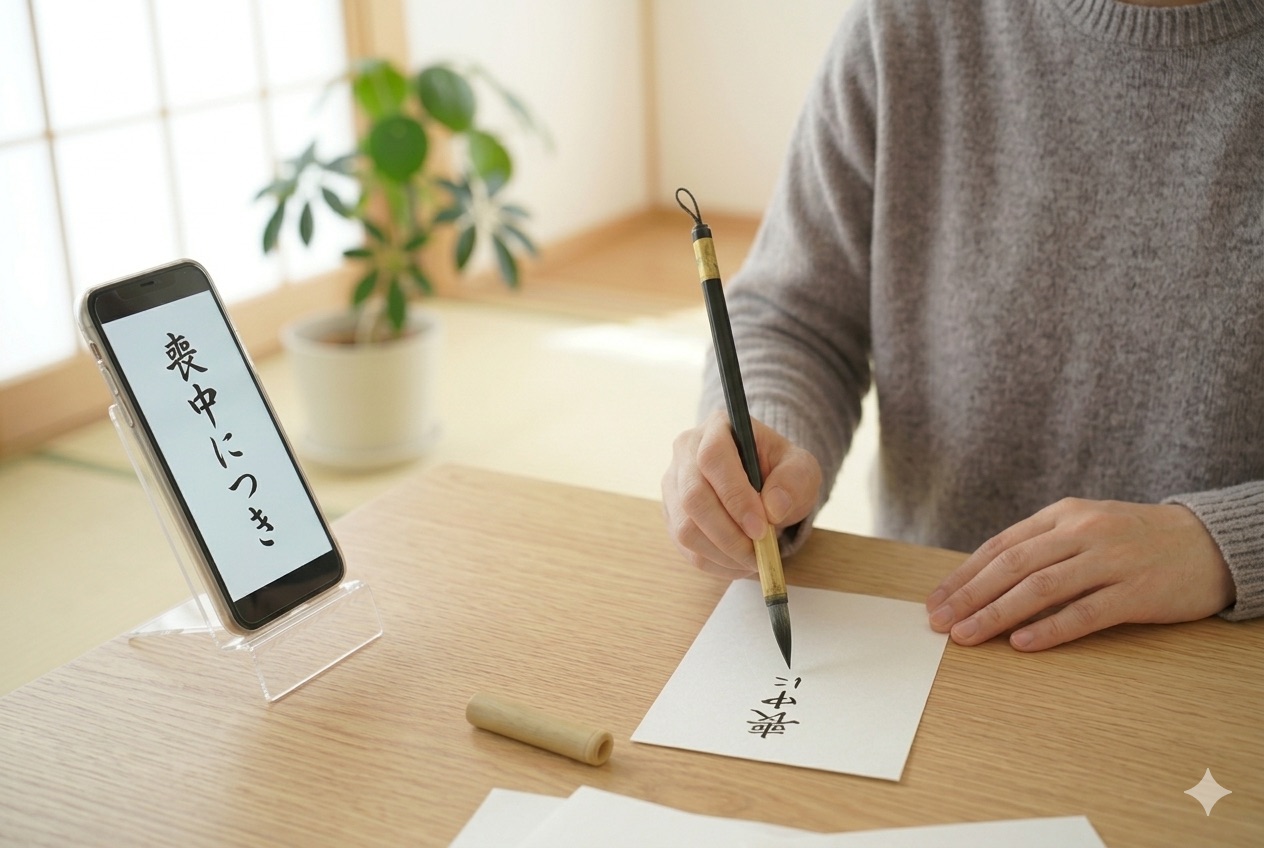 習字お手本変換ツールで喪中はがきを書くイメージ