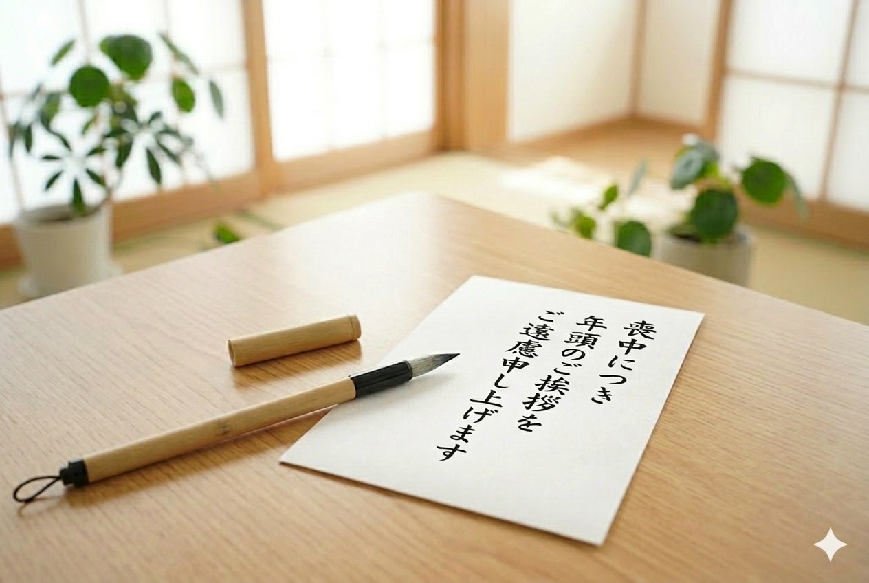 喪中はがきと筆ペンのイメージ