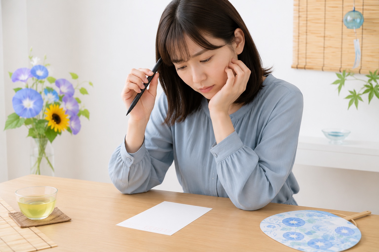 暑中見舞いのはがきに書き込もうとしている様子