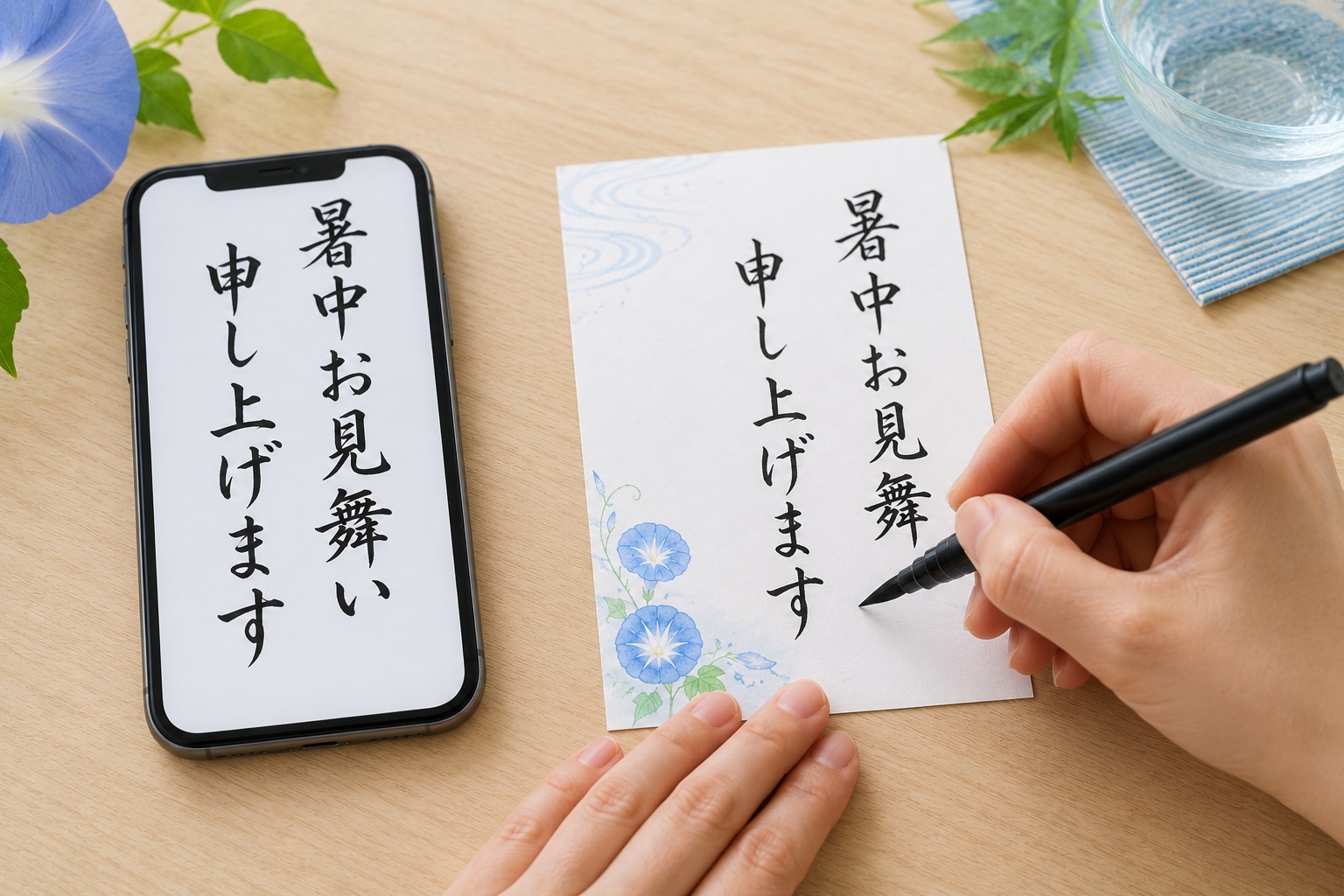 スマホでお手本を見ながら暑中見舞いを書く様子