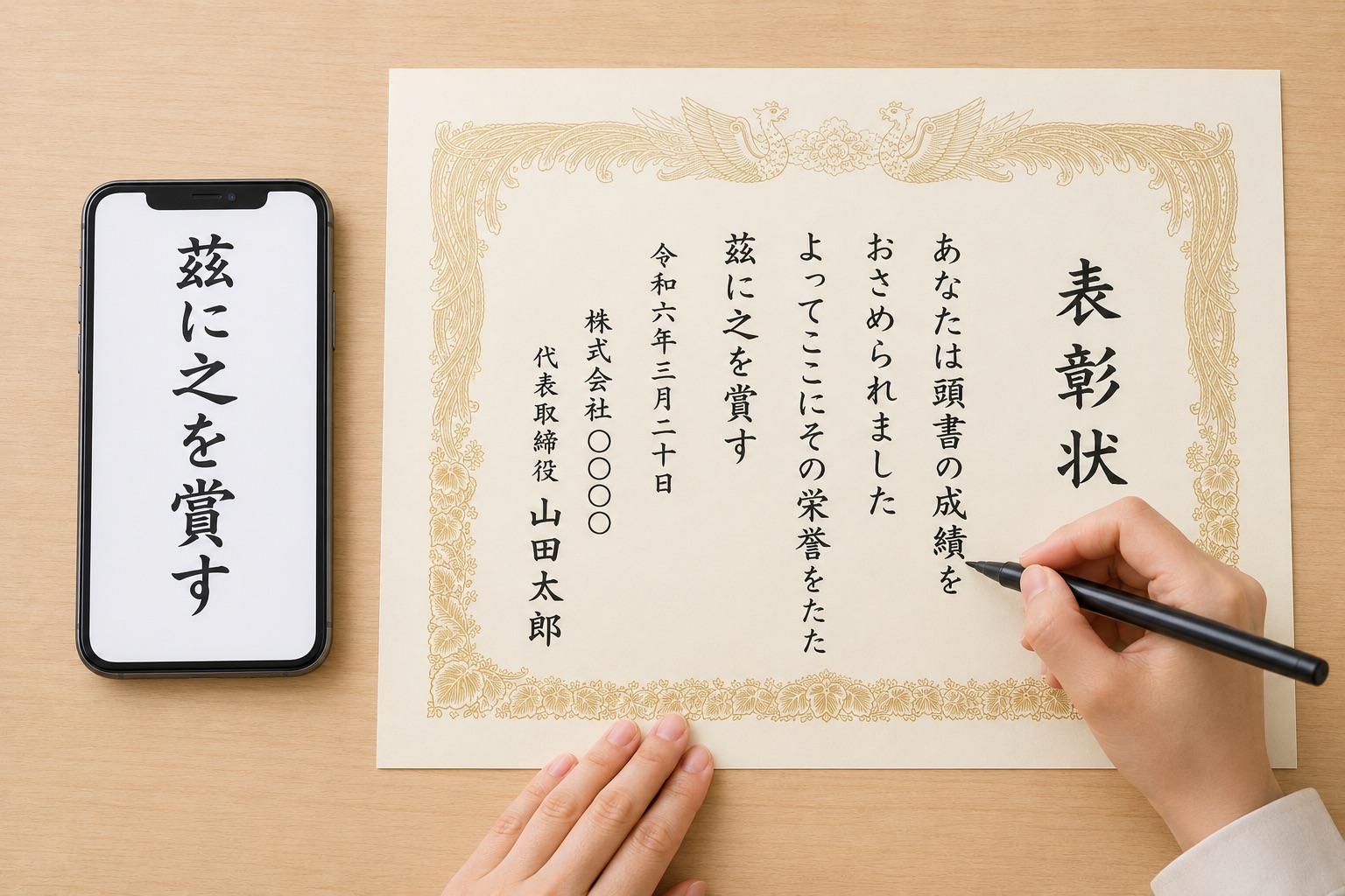 スマホで賞状のお手本を確認しながら書くイメージ